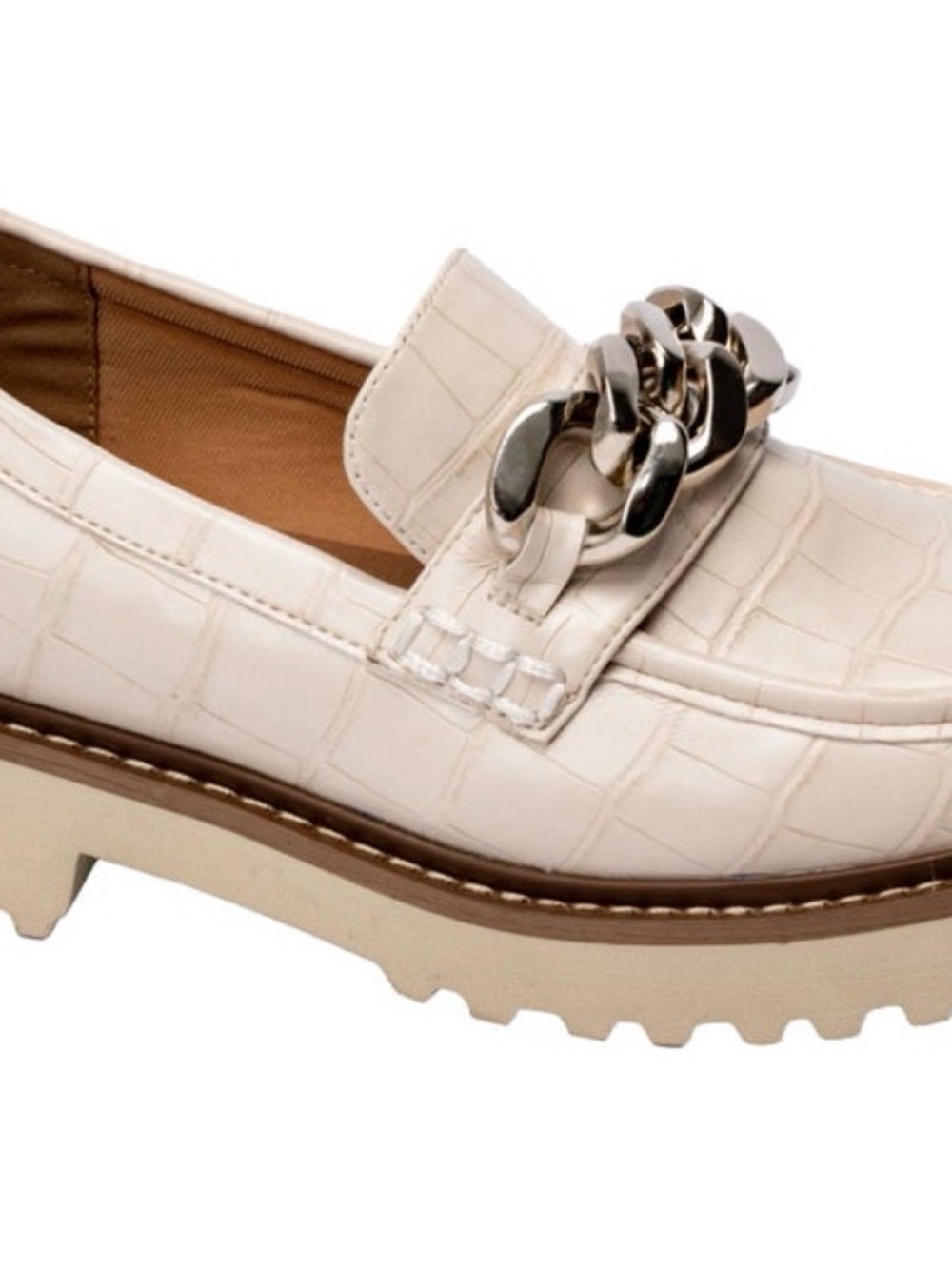 Chunky Chain Trim Cream Croc-Embossed Loafers Women's. Hey Girl by Corky. Size 9